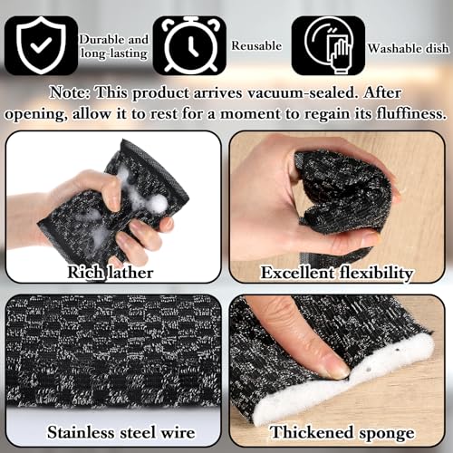 6 Pack Steel Wool Scrubber Sponge Scouring Pad Kitchen Metal Sponge,Black - color: Black, Diamond Pattern
