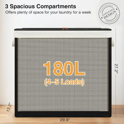 STO STO 3 Section Laundry Hamper with Lid, 180L Steel-Frame 3 Compartment Laundry Sorter with Removable Washable Liner, Breathable Large Laundry Basket for Bedroom, Bathroom, Laundry Room, Dorm - size: 3-Section