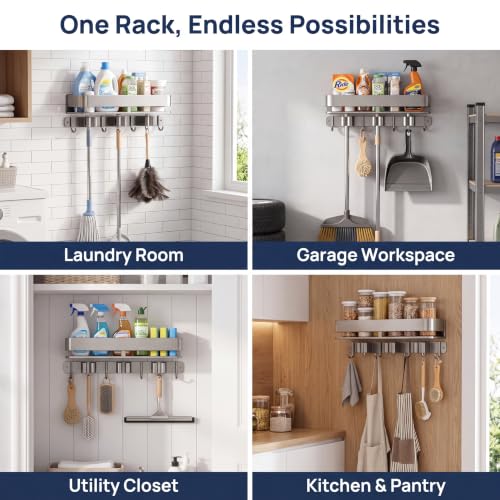 Broom Holder Wall Mount, Heavy Duty Mop Organizer with Shelf, Anti-Slip Grippers & Hooks for Laundry Room Garage Utility Closet（16inches） - color: 16inch