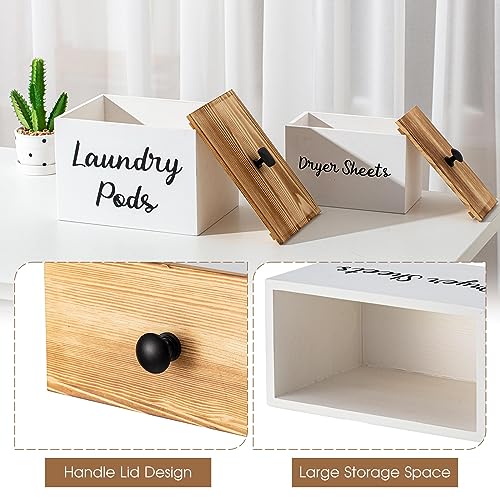 Dandat 2 Pcs Wood Rustic Laundry Dryer Sheet Holder Pod Container with Lid 8.7 x 6.3 x 6.4 Inch Laundry Pod Holder 7.3 x 3.7 x 5 Inch Dryer Sheet Dispenser Wooden Box Container(White) - color: White