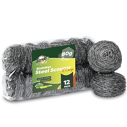 12 Pack Stainless Steel Scourers by Scrub It – Steel Wool Scrubber Pad Used for Dishes, Pots, Pans, and Ovens. Easy scouring for Tough Kitchen Cleaning. (X Large (80 gram)) - size: X Large (80 gram)