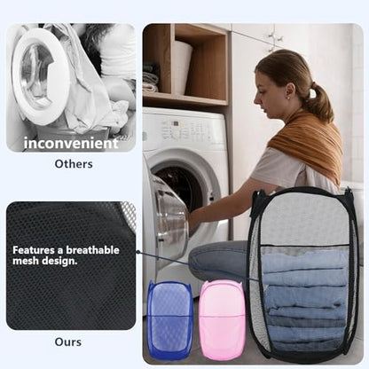 Pop Up Laundry Hamper, Mesh Laundry Basket Collapsible, Foldable Hamper for Travel and Storage, 3 Pack (Black+Pink+Blue) - color: 3P Black+Pink+Blue