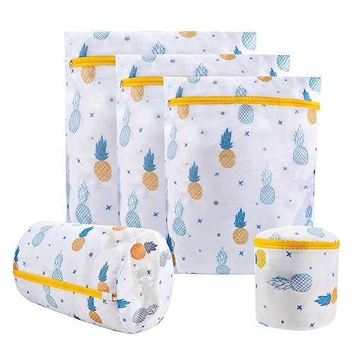 Mesh Zipper Laundry Bags Machine Wash, 5-Piece Pineapple Print - color: Pineapple