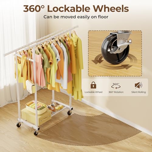 HYSEYY Double Rods Clothes Rack, Rolling Clothing Rack for Hanging Clothes Portable Wardrobe Rack, Metal Garment Rack Sturdy Coat Rack for Bedroom Laundry Living Room, White - color: White