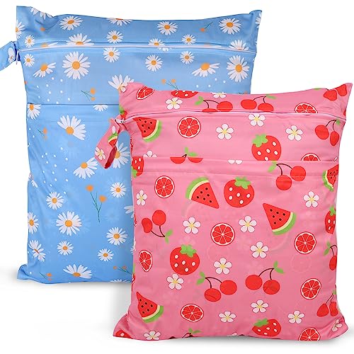 2pcs Travel Waterproof Laundry Bag, Cloth Diaper Wet Dry Bags with Handle & 2 Zipper Pockets, Reusable Washable Dirty Clothes Bag for Baby Adult Travelling Hanging, Bathing Beach Pool Daycare - color: Cartoon 2 Blue + Pink