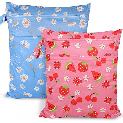 2pcs Travel Waterproof Laundry Bag, Cloth Diaper Wet Dry Bags with Handle & 2 Zipper Pockets, Reusable Washable Dirty Clothes Bag for Baby Adult Travelling Hanging, Bathing Beach Pool Daycare - color: Cartoon 2 Blue + Pink