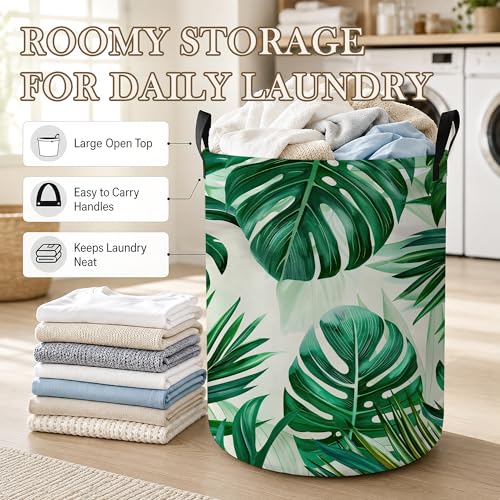Tropical Leaves Laundry Basket, Green Foliage Collapsible Laundry Hamper Waterproof Oxford Cloth With Handles, Clothes Storage Bucket For Bathroom/Bedroom 16" x 20.8" - color: Tropical Leaves