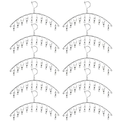 10 Pack Laundry Drying Rack Clothes Hanger with 10 Clips, Stainless Steel Clothes Drying Rack Sock Hangers Windproof Clip and Drip Hanger for Drying Socks, Bras, Towel, Underwear, Diapers
