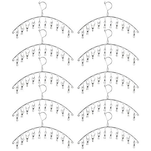 10 Pack Laundry Drying Rack Clothes Hanger with 10 Clips, Stainless Steel Clothes Drying Rack Sock Hangers Windproof Clip and Drip Hanger for Drying Socks, Bras, Towel, Underwear, Diapers