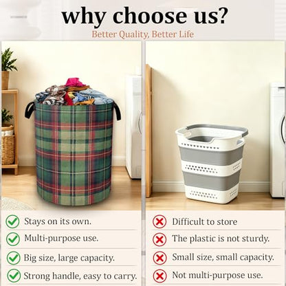 Christmas Plaid Waterproof Laundry Basket with Handles, Foldable Clothes Hamper, Large Capacity Laundry Organizer Bin for Bedroom Bathroom Dorm Room - color: Christmas Plaid