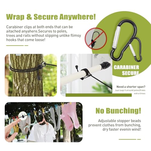 2 Pack Portable Travel Clothesline with 12 Clothespins, Retractable Portable Clothesline for Camping, RV, Backpacking,Hotel Set 2 D Ring Carabiner Clip，Can extends to 11ft, Storage Bag Included.