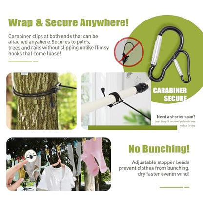2 Pack Portable Travel Clothesline with 12 Clothespins, Retractable Portable Clothesline for Camping, RV, Backpacking,Hotel Set 2 D Ring Carabiner Clip，Can extends to 11ft, Storage Bag Included.