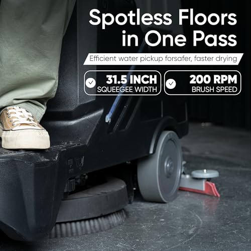 Battery Powered Ride-On Commercial Floor Scrubber Machine, 22" Brush, 31.5" Squeegee Width, 19 gal Solution Tank, 20 gal Recovery Tank, 5 hr Use 7 hr Charge, 200 RPM, 48,400 Sqft/H, Batteries Included - size: 22"