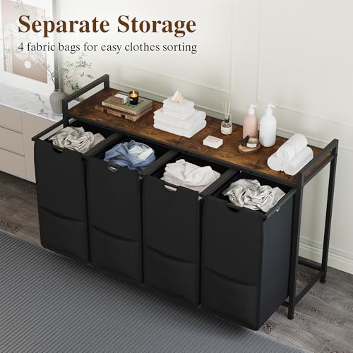 47-Inch Wide Laundry Sorter, 4 Section Hamper Basket Organizer - size: 4 Bags-194L / Rustic Brown + Black