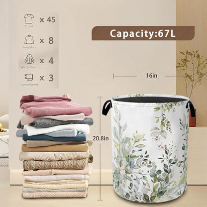 Laundry Basket,Sage Eucalyptus Collapsible Laundry Baskets, Green Leaves Waterproof Hamper with Handles for Bathroom Bedroom Nursery Home Storage16"x20" - color: Sage Eucalyptus,Green Leaves