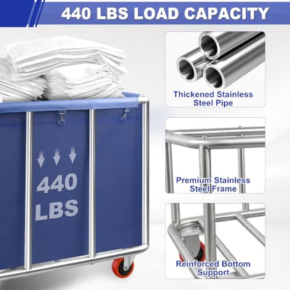 420L Commercial Rolling Laundry Cart, 440lbs Heavy Duty Steel Hamper, Blue