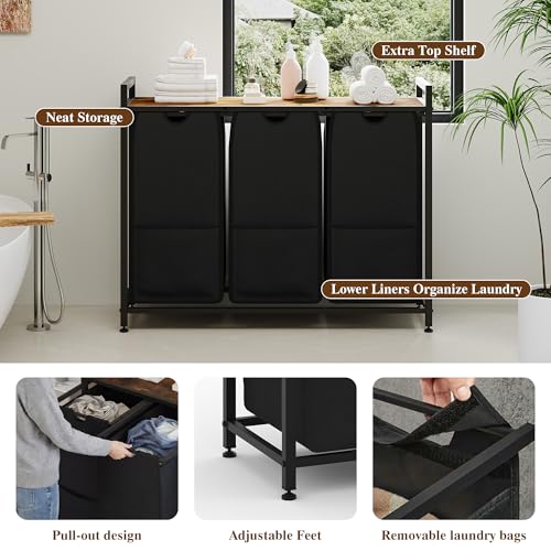 Laundry Sorter, Black, 3-Section, 36.6x13x28.5 in - size: 3 Bags-145.5L / Rustic Brown + Black