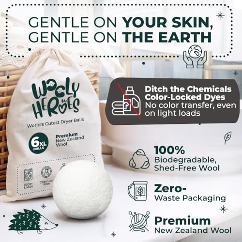 Chemical Free & Baby Safe! Reusable Wool Dryer Balls XL 6-Pack - Reduces Static, Cuts Dry Time, & Softens Naturally - color: Plain