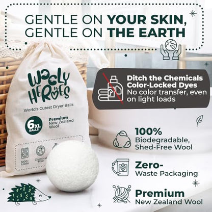 Chemical Free & Baby Safe! Reusable Wool Dryer Balls XL 6-Pack - Reduces Static, Cuts Dry Time, & Softens Naturally - color: Plain