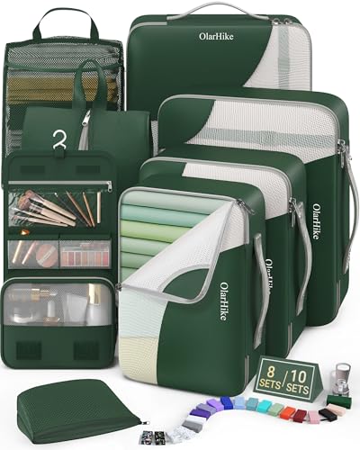 OlarHike Packing Cubes for Travel,Gifts for Women Mom,Anti-Tearing Suitcase Organizer for Luggage with Shoe & Hanging Toiletry Bag,Vacation Essentials & Accessories for Cruise Ship,8 Set,Dark Green - color: 06 Dark Green