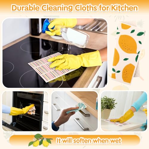 Lucomb 10 Pack Swedish Dishcloths Washable, Reusable Swedish Cloths Biodegradable Kitchen Towels with Hanging Clips, Cellulose Cotton Blend, Lemon Prints - color: 10 Pack-lemon Prints+ Clips