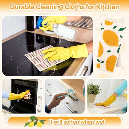 Lucomb 10 Pack Swedish Dishcloths Washable, Reusable Swedish Cloths Biodegradable Kitchen Towels with Hanging Clips, Cellulose Cotton Blend, Lemon Prints - color: 10 Pack-lemon Prints+ Clips