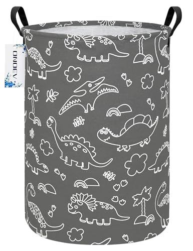 Round Dinosaur Laundry Hamper, Cotton Canvas Teen Room Storage Bin - color: Round Gray Line Dinosaur