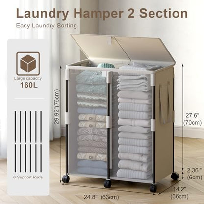 160L Double Laundry Hamper with Lid and 6 Wheels, Rolling Laundry Basket - color: White, size: 160L(24.8"L x 14.2"W x 29.92"H)