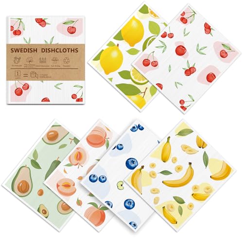 Swedish Dishcloths for Kitchen, 6 Pack, Reusable, Super Absorbent - color: Fruits
