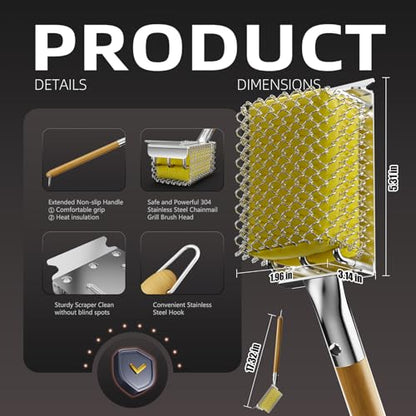 HOUSE AGAIN Grill Brush Bristle Free with Scraper, Safe Steam Cleaned Replaceable Head Fire Resistant Grill Cleaning Brush Strong Barbecue Brush Cleaner Non Wire for Outdoor Grill Grate/Wooden Handle - size: Grill Brush