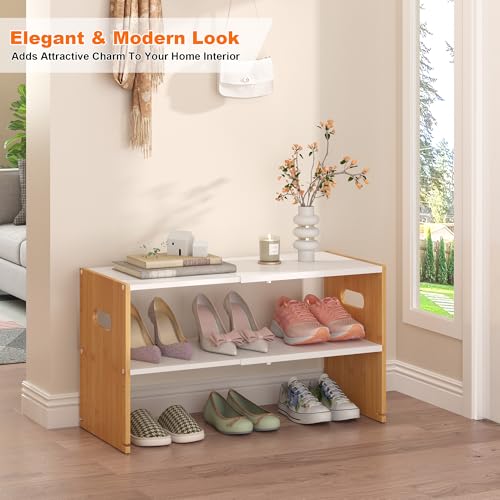 Shoe Rack Organizer for Closet, Expandable Shoe Storage Shelf For Entryway - color: Natural Bamboo