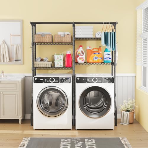 ULIFHOME U14 Medium Over the Washer and Dryer Shelves, 4 Tiers Laundry Room Storage and Organizer System, Space Saving Clothes Drying Rack with 2 Clothes Hanger Rods, 57.8"W x 20.5"D x 77.4"H, Black - color: Black, size: Medium
