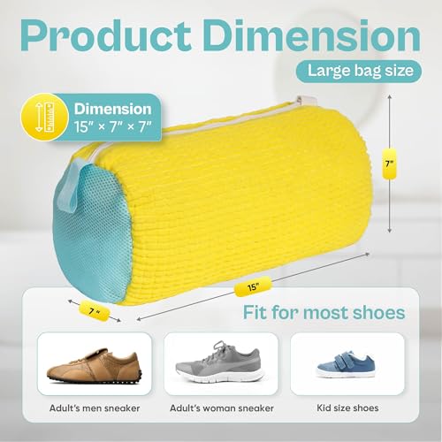 Shoe Washing Machine Bag – 2 Pack Mesh Laundry Bags for Sneakers, Tennis Shoes & Sports Trainers – Reusable Zippered Cleaning Bag to Protect Footwear, Comes with Metal Hanging Hook (Yellow)
