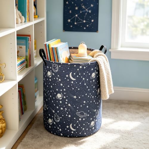 Foldable Waterproof Round Fabric Laundry Basket Home, Blue Starry Sky - color: Round-blue-starry sky