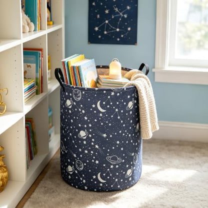 Foldable Waterproof Round Fabric Laundry Basket Home, Blue Starry Sky - color: Round-blue-starry sky