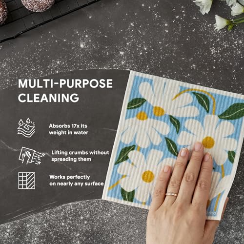 RECYCO Swedish Dishcloths for Kitchen | 5 Pack Daisy Dreams Washable Dish Rags | Cellulose Reusable Cleaning Paper Towels | Absorbent Counter Dish Cloth Sponge Kitchen Wipes, 8" L x 7" W - color: Daisy Dreams - 5 Pack