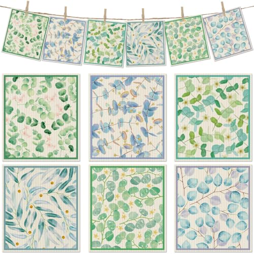 6 Pcs Swedish Paper Cloths for Kitchen, Reusable Paper Towels Washable - color: Eucalyptus Leaves