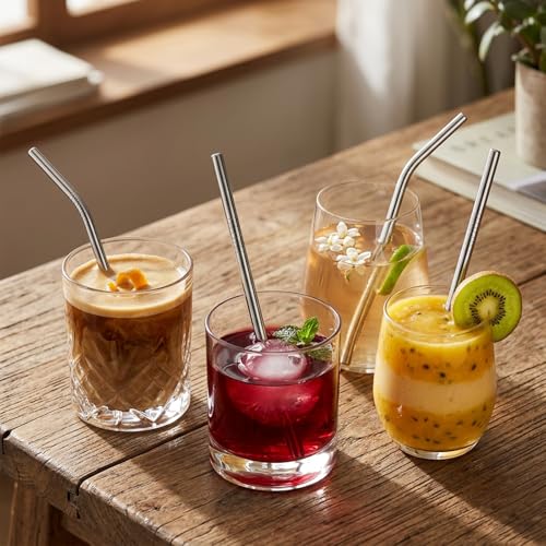 10 Pcs Short Metal Straws, 5 Straight 5 Bent with 2 Cleaning Brush, 6 Inch Reusable Stainless Steel Straws for Cocktail Coffee Mugs Small Glasses Cups