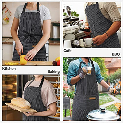 NLUS 2 Pack Kitchen Cooking Aprons, Adjustable Bib Soft Chef Apron with 2 Pockets for Men Women (Black Pinstripes) - color: Black Pinstripes