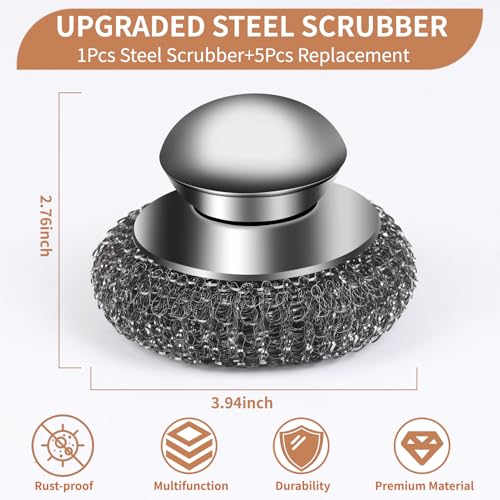 6pcs Steel Wool Scrubber with Wire Sponge Pads, Stainless Steel Scrubber