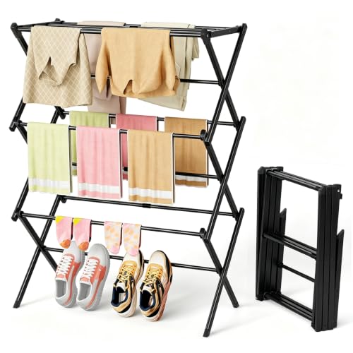 BAKON Clothes Drying Rack Foldable for Small Space, No Installation Required, Rustproof & Extendable Laundry Rack for Indoor & Outdoor Dorm Room Apartments RV, Black - color: Black