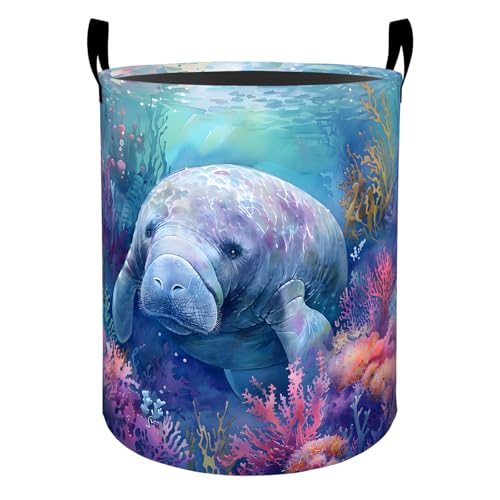 Cute Manatee Laundry Basket Hamper for Boys Girls Kids Adults, Foldable Waterproof Oxford Clothes Storage Bin, Marine Animal Organizer for Bedroom Bathroom Room Decor 19.7"x15.7" - style: Manatee