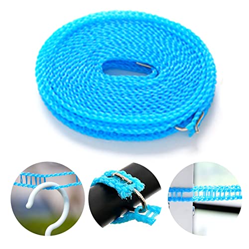 Clothesline Rope 26 ft Heavy Duty Nylon Windproof Stable Indoor Outdoor Laundry Drying Line Load 50 lb with 4 Hooks Adjustable Tightener for rtment Travel Camping - color: Blue