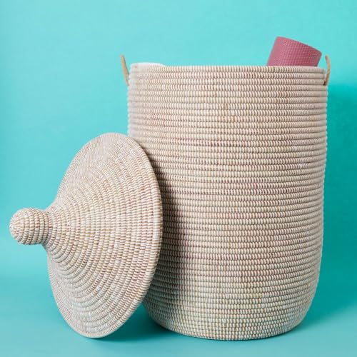 Large African Woven Blanket Basket with Lid, White Living Room Floor Storage Basket, 18" Wide x 23" Tall, Decorative Home Organizer - color: White