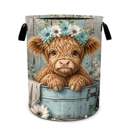 Highland Cow Laundry Basket Collapsible Oxford Laundry Hamper Clothes Storage Bin with Handles for Bedroom Bathroom Laundry Room 19.6 x 15.7 Inches - color: Highland Cow