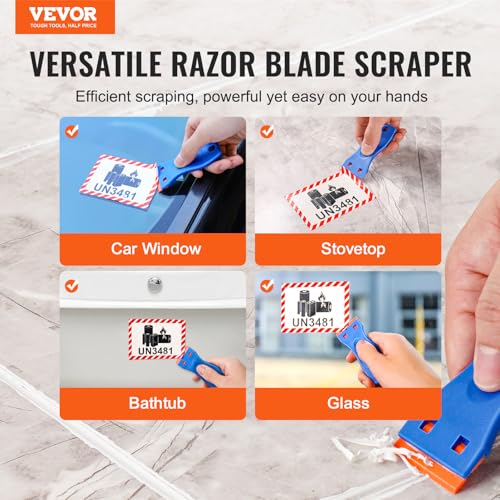 VEVOR 2PCS Razor Blade Scraper,Plastic Scraper Tool with 120PCS Plastic Blades,Cleaning Scraper Remover for Stickers,Decals,Adhesive,Labels,Paint from Glass, Car,Window,Caulk,No Scratches,Blue - style: Plastic blades