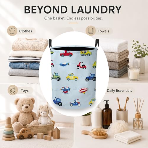 Toy Vehicles Laundry Basket, Airplane Car Collapsible Laundry Hamper Waterproof Oxford Cloth With Handles, Clothes Storage Bucket For Bathroom/Bedroom 16" x 20.8" - color: Toy Vehicles