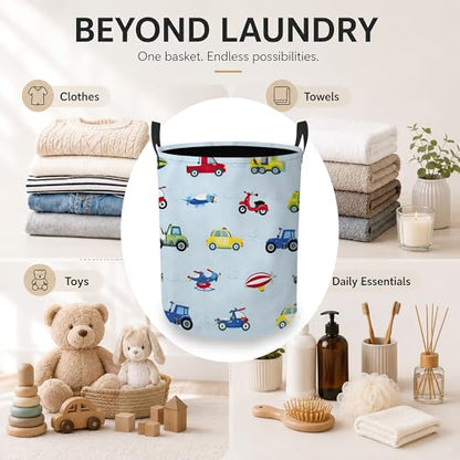 Toy Vehicles Laundry Basket, Airplane Car Collapsible Laundry Hamper Waterproof Oxford Cloth With Handles, Clothes Storage Bucket For Bathroom/Bedroom 16" x 20.8" - color: Toy Vehicles