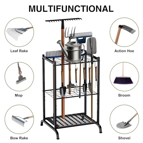 RANXFLOAT Garden Tool Organizer with Storage Hooks, Yard Tool Tower Rack for Garage Organization and Storage, Up to 35 Long-Handled Tools, Metal Tool Holder with 6 Hooks, Black