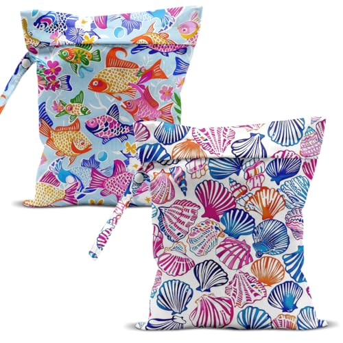 Swimsuit Bag Wet Bags for Travel Reusable Waterproof Dry Bags Diaper Bag Tropical Shell Fish Wet Bag for Swimsuit Towels Beach Gym 10.2×12.6 Inches - color: Tropical Shell Fish